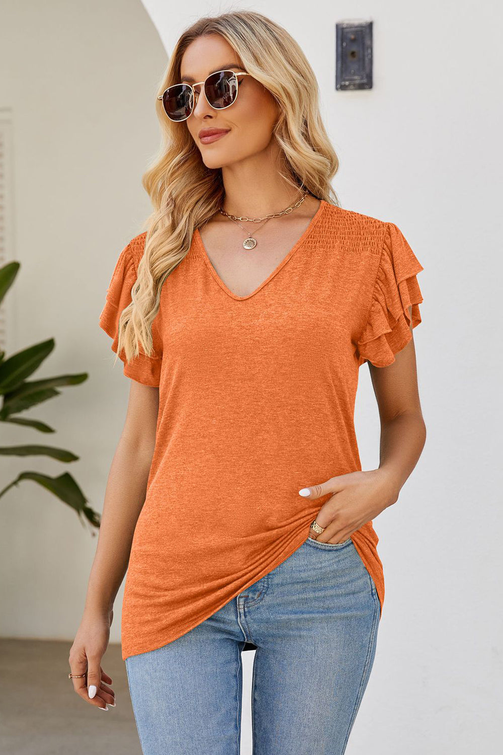 Ruffled V-Neck Flutter Sleeve T-Shirt