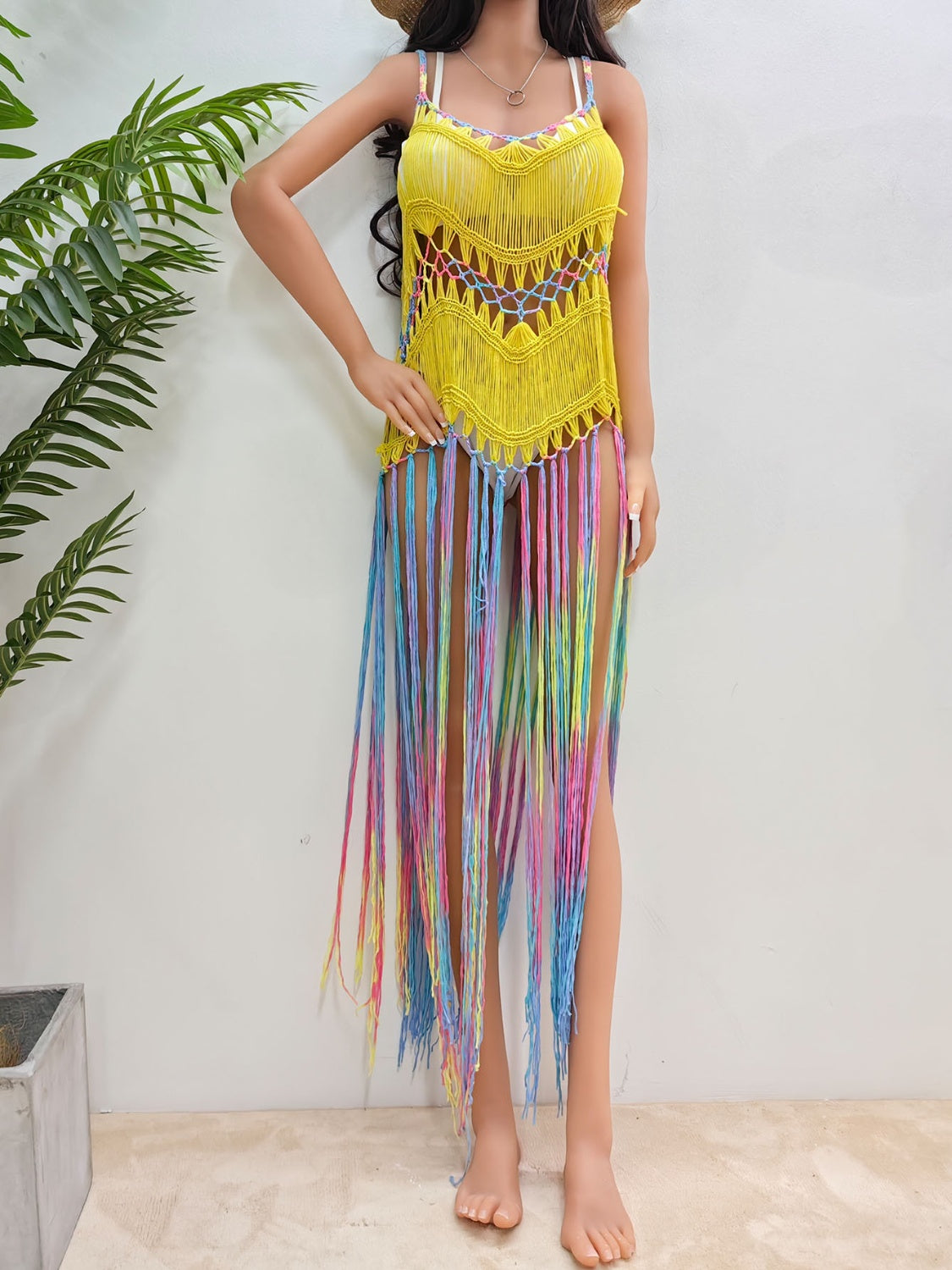 Fringe Scoop Neck Spaghetti Strap Cover-Up