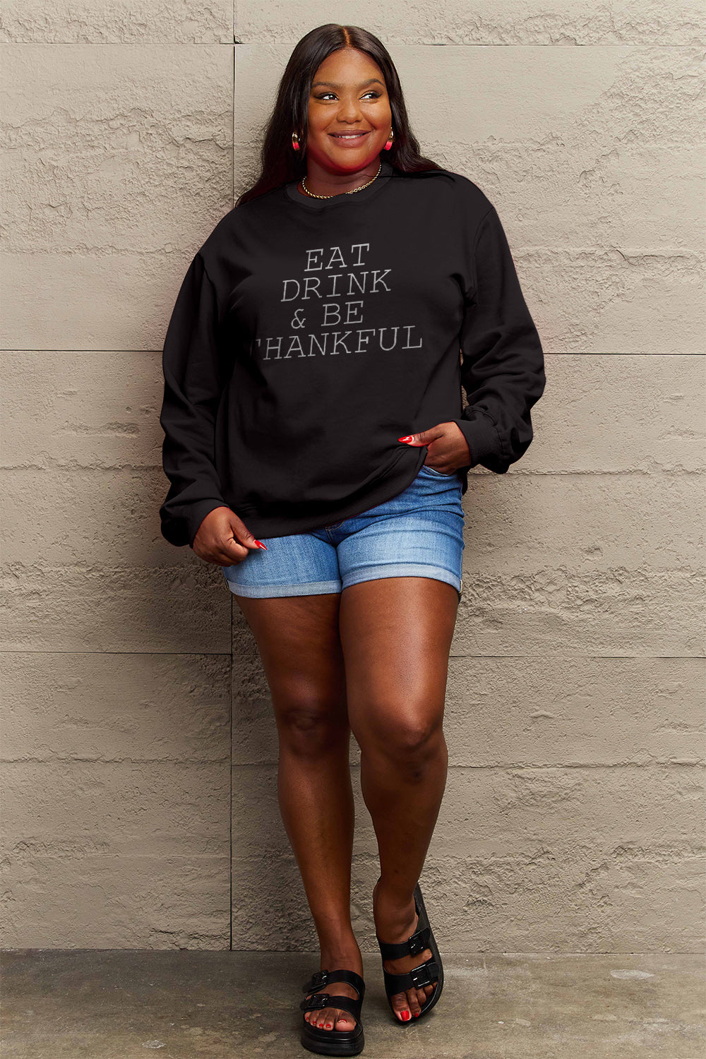 Simply Love Full Size EAT DRINK &amp; BE THANKFUL Round Neck Sweatshirt