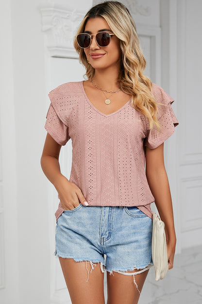 Eyelet V-Neck Short Sleeve T-Shirt