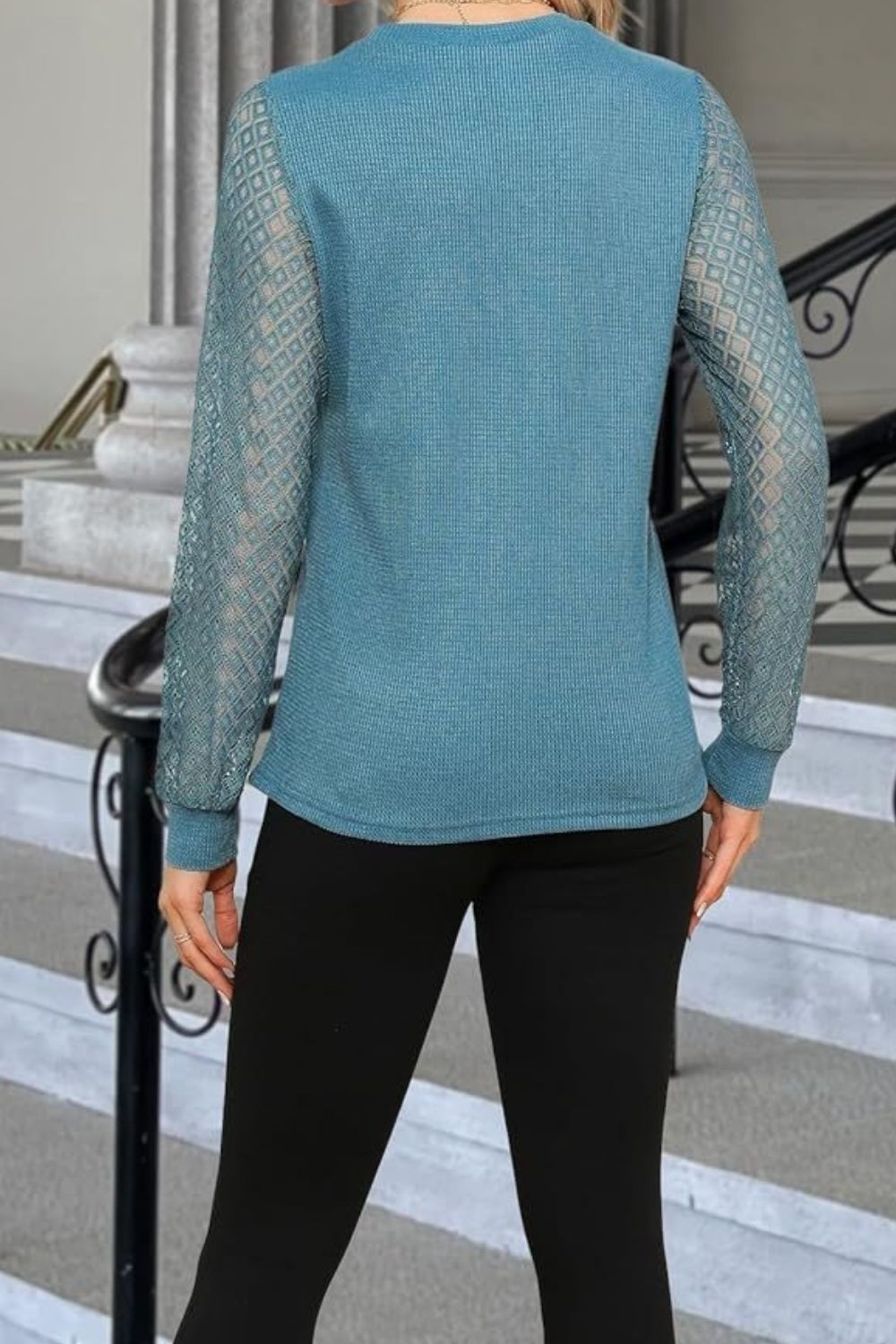 Waffle-Knit Round Neck Long Sleeve Blouse