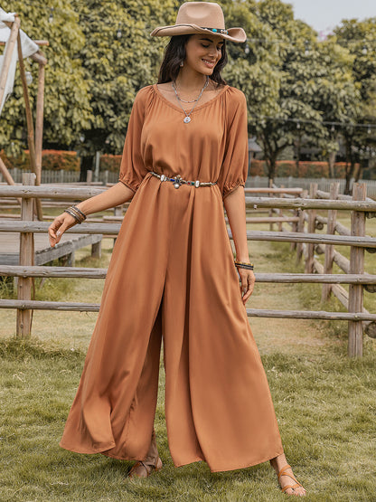 Scoop Neck Half Sleeve Wide Leg Jumpsuit