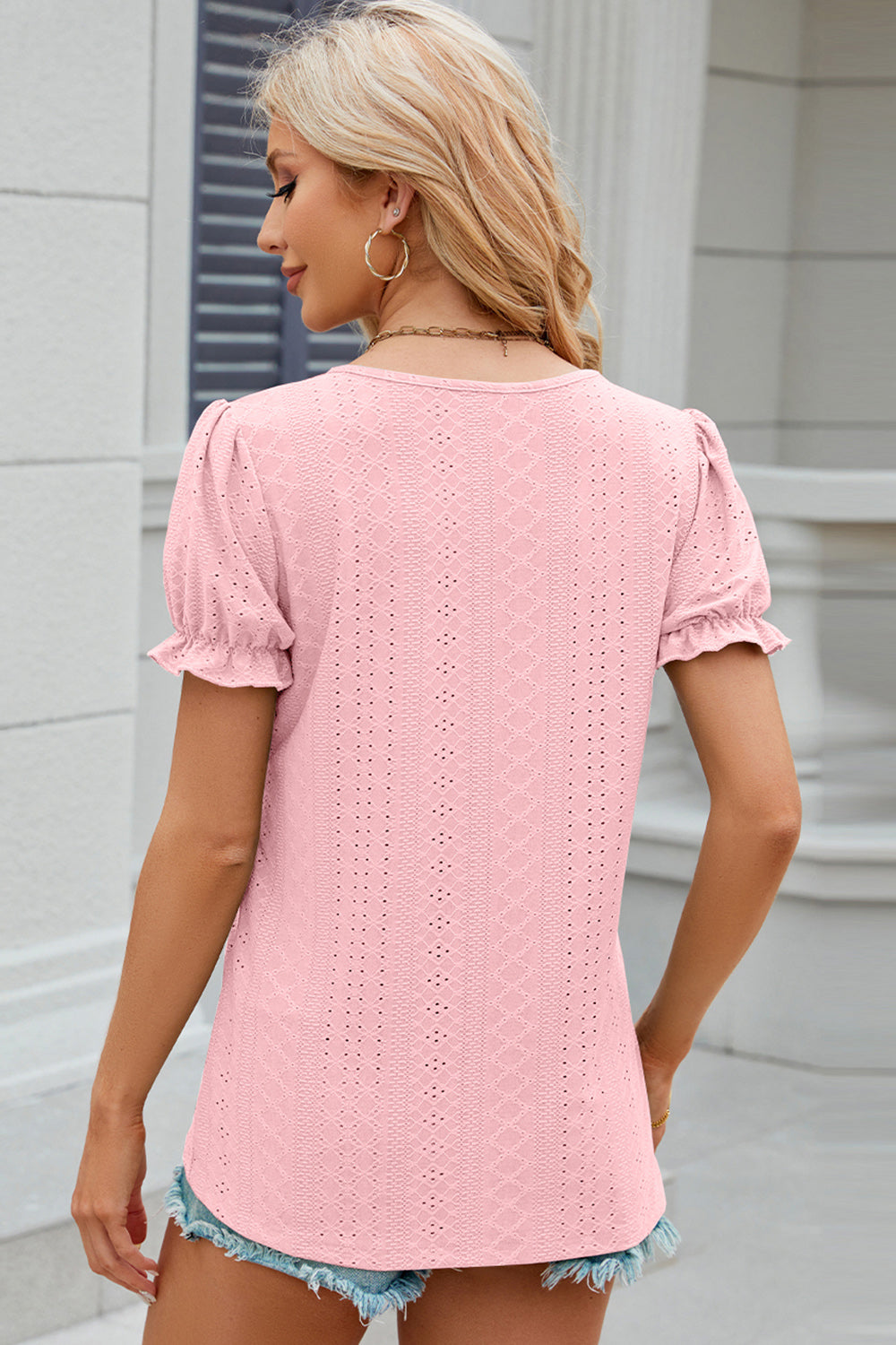 Eyelet Round Neck Flounce Sleeve T-Shirt