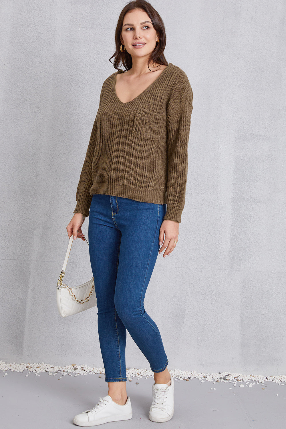 V-Neck Pocketed Dropped Shoulder Knit Top