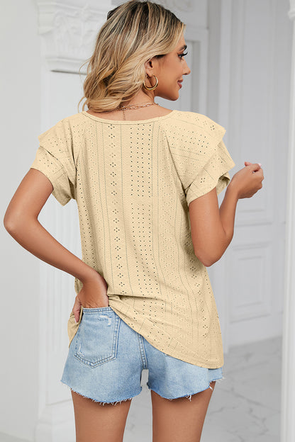 Eyelet V-Neck Short Sleeve T-Shirt