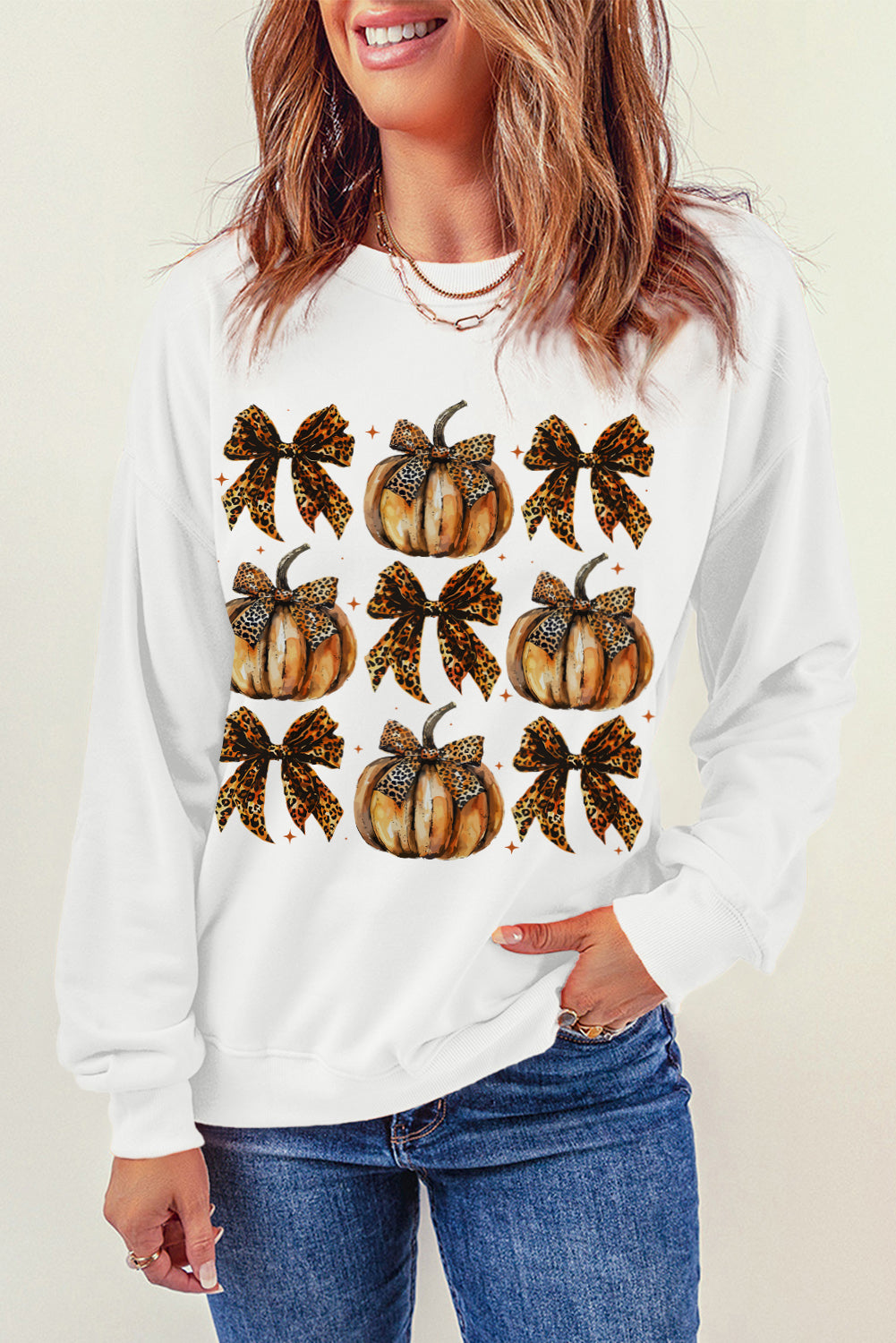 Pumpkin &amp; Bow Graphic Long Sleeve Sweatshirt