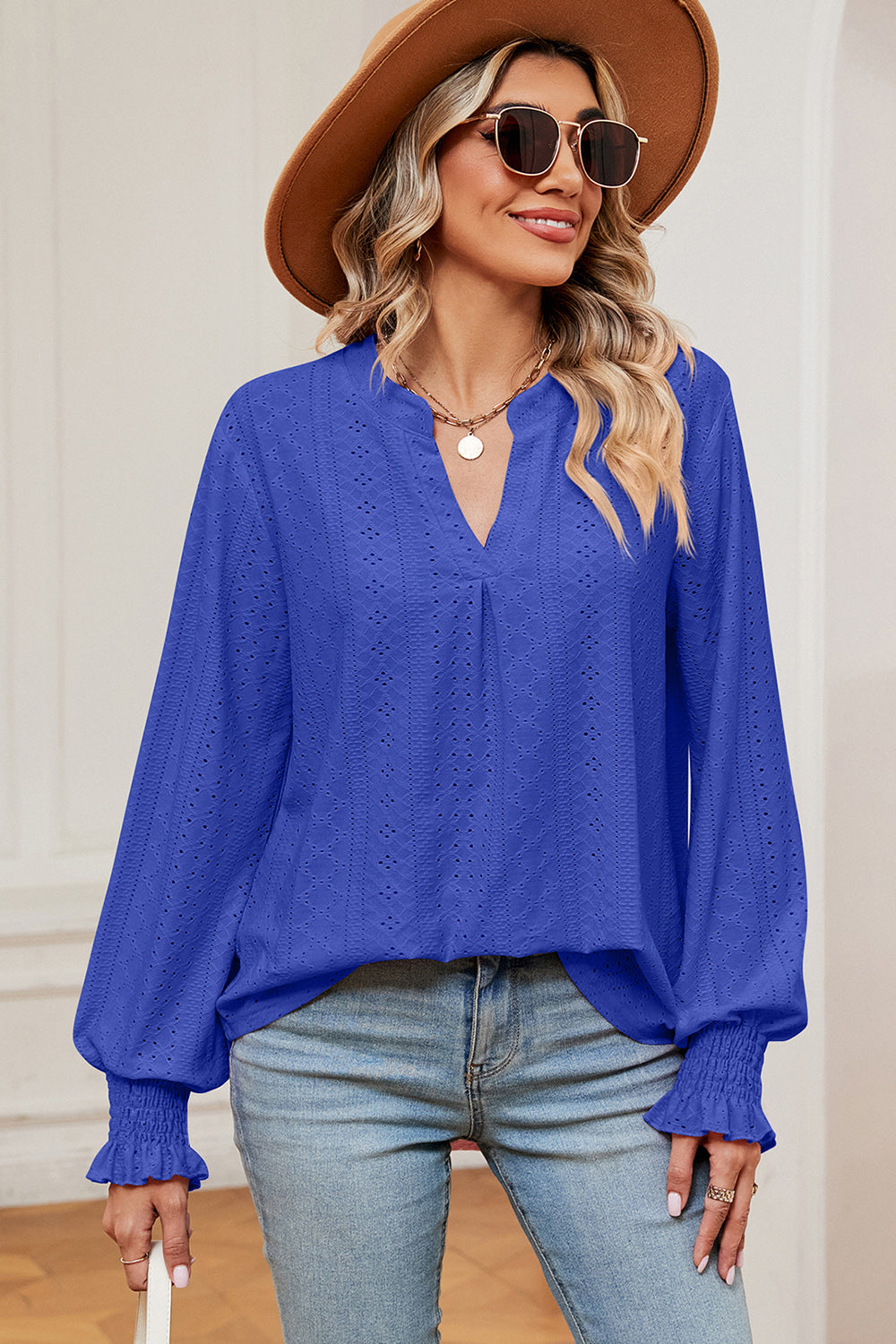 Eyelet Notched Long Sleeve T-Shirt