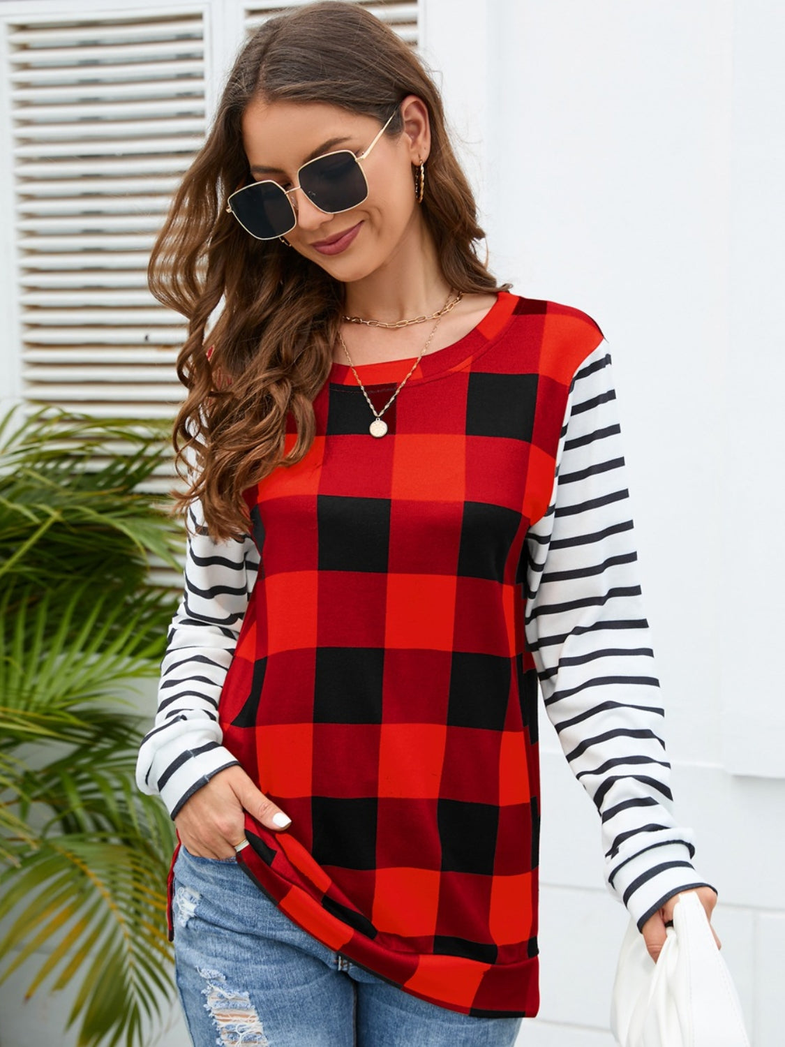 Plaid Striped Round Neck Long Sleeve T-Shirt