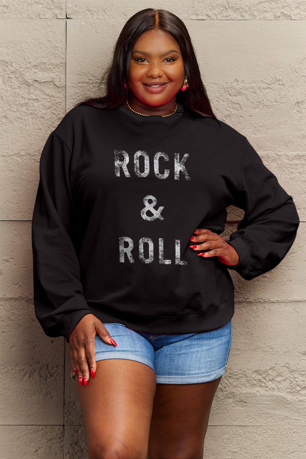 Simply Love Full Size ROCK &amp; ROLL Round Neck Sweatshirt