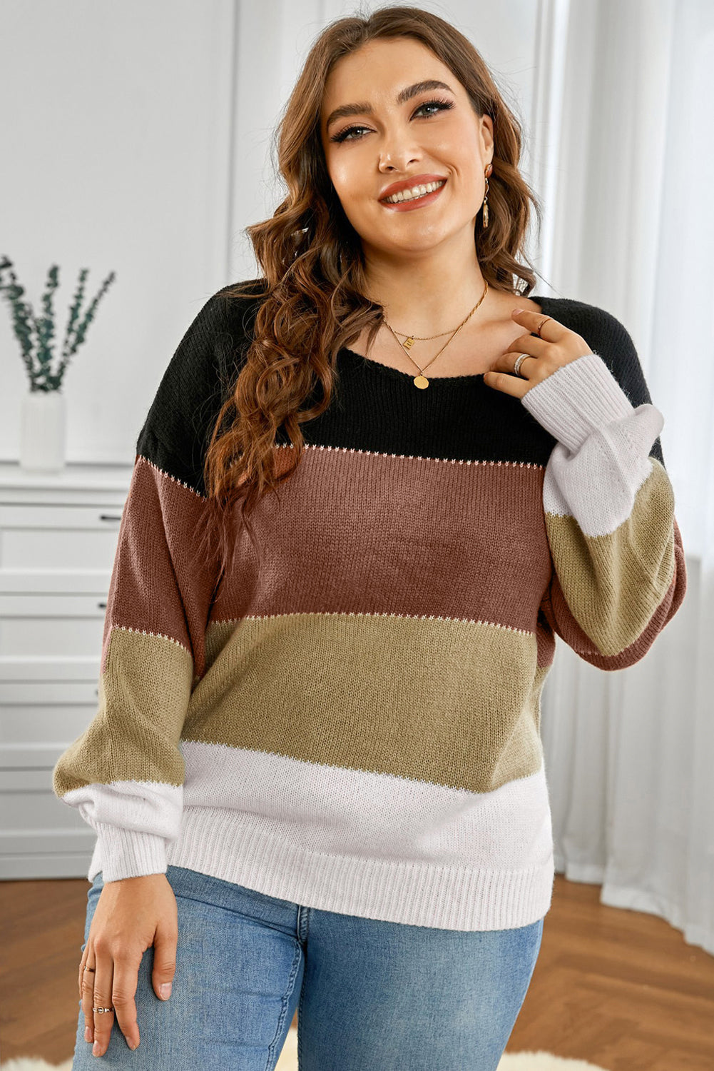 Plus Size Color Block Round Neck Sweater