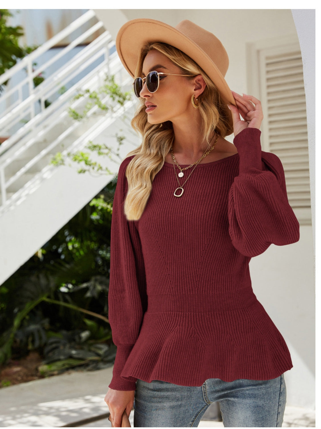 Ribbed Round Neck Lantern Sleeve Sweater