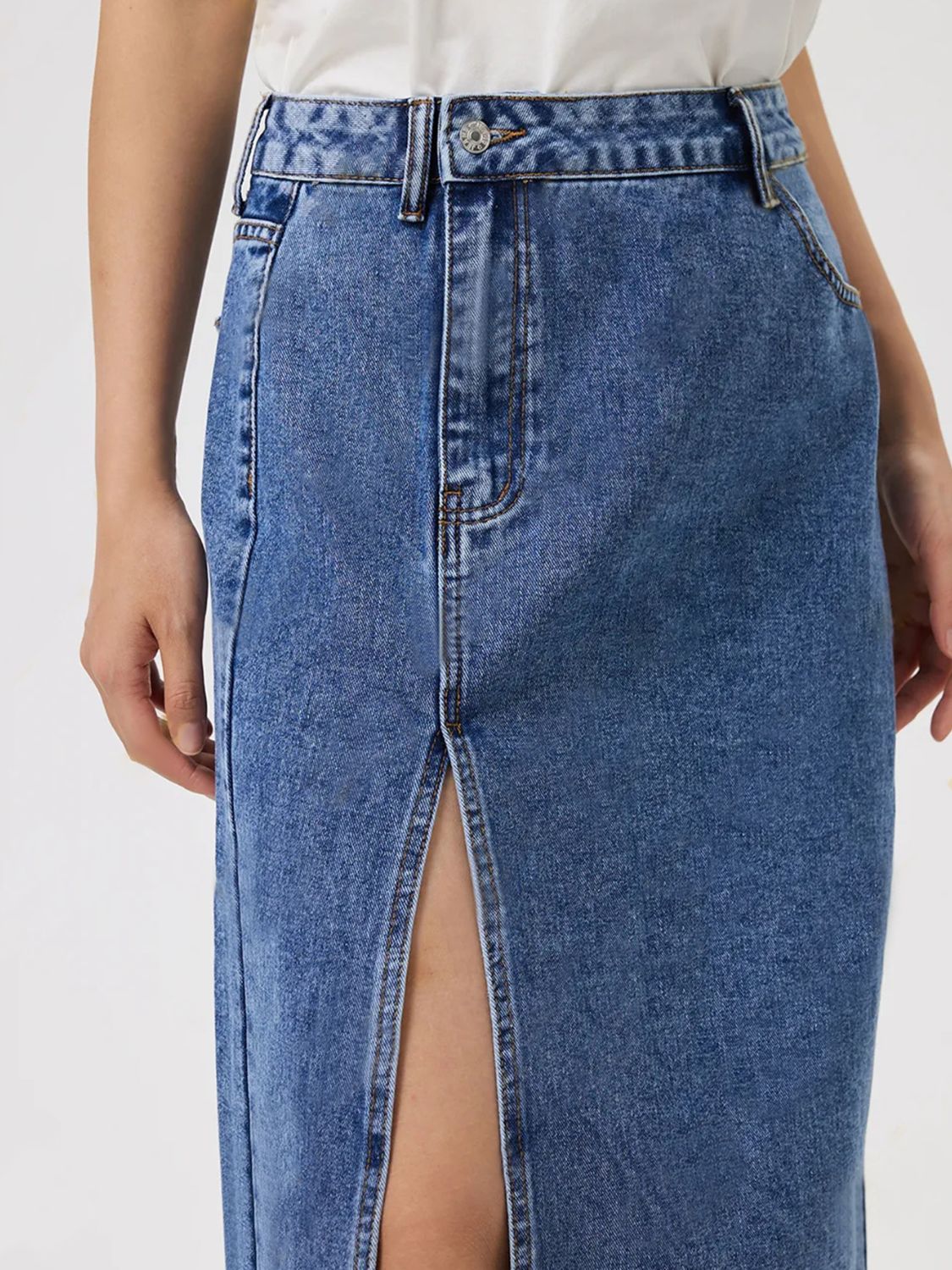 Slit Midi Denim Skirt with Pockets