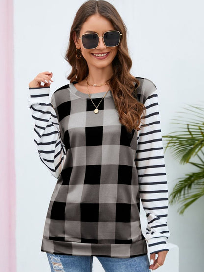 Plaid Striped Round Neck Long Sleeve T-Shirt