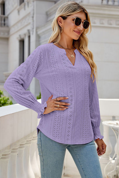 Eyelet Notched Lantern Sleeve T-Shirt