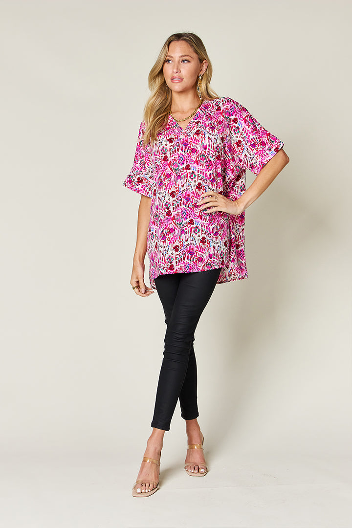 Double Take Full Size Printed V-Neck Short Sleeve Blouse