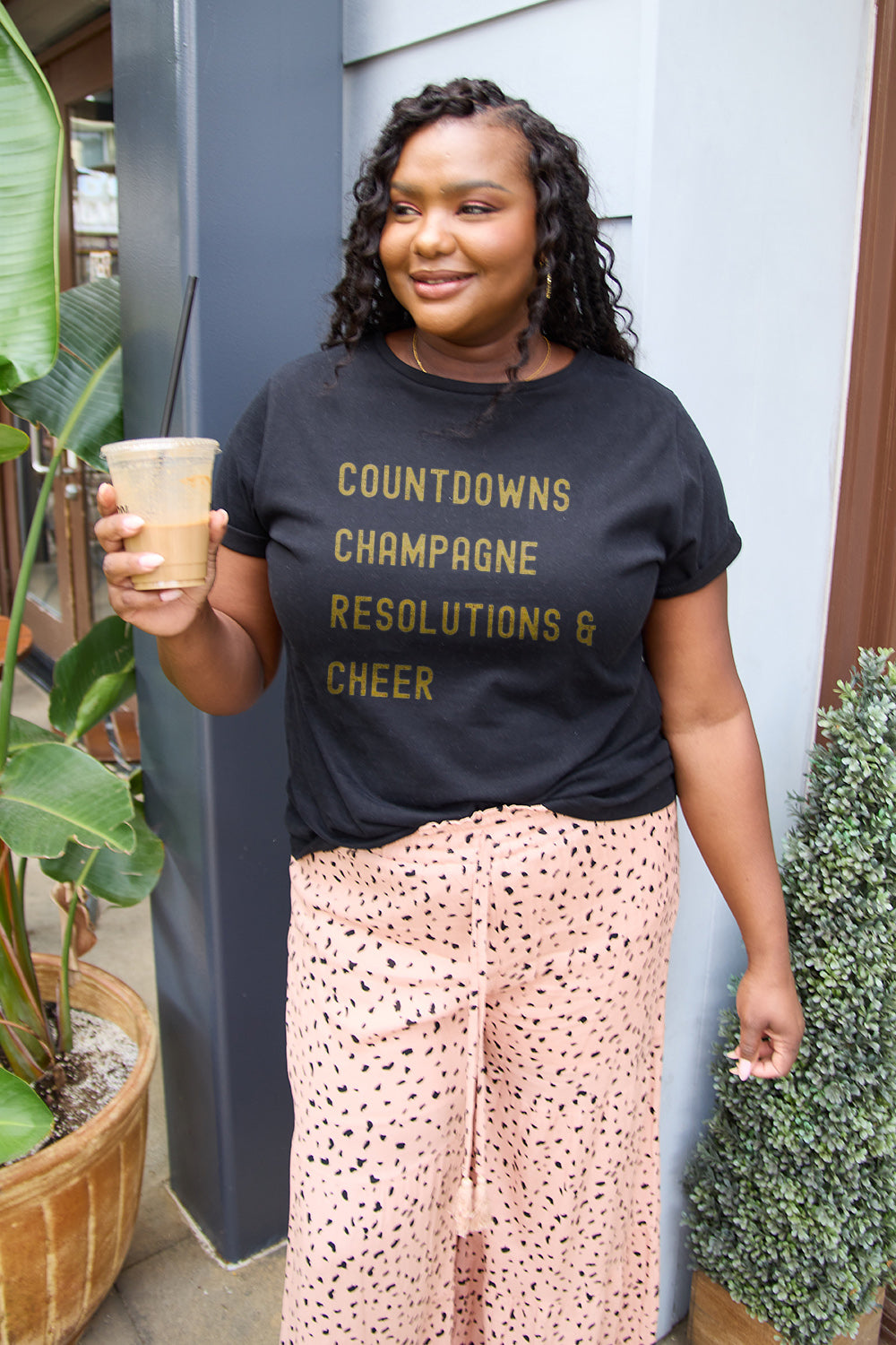 Simply Love Full Size COUNTDOWNS CHAMPAGNE RESOLUTIONS &amp; CHEER Round Neck T-Shirt