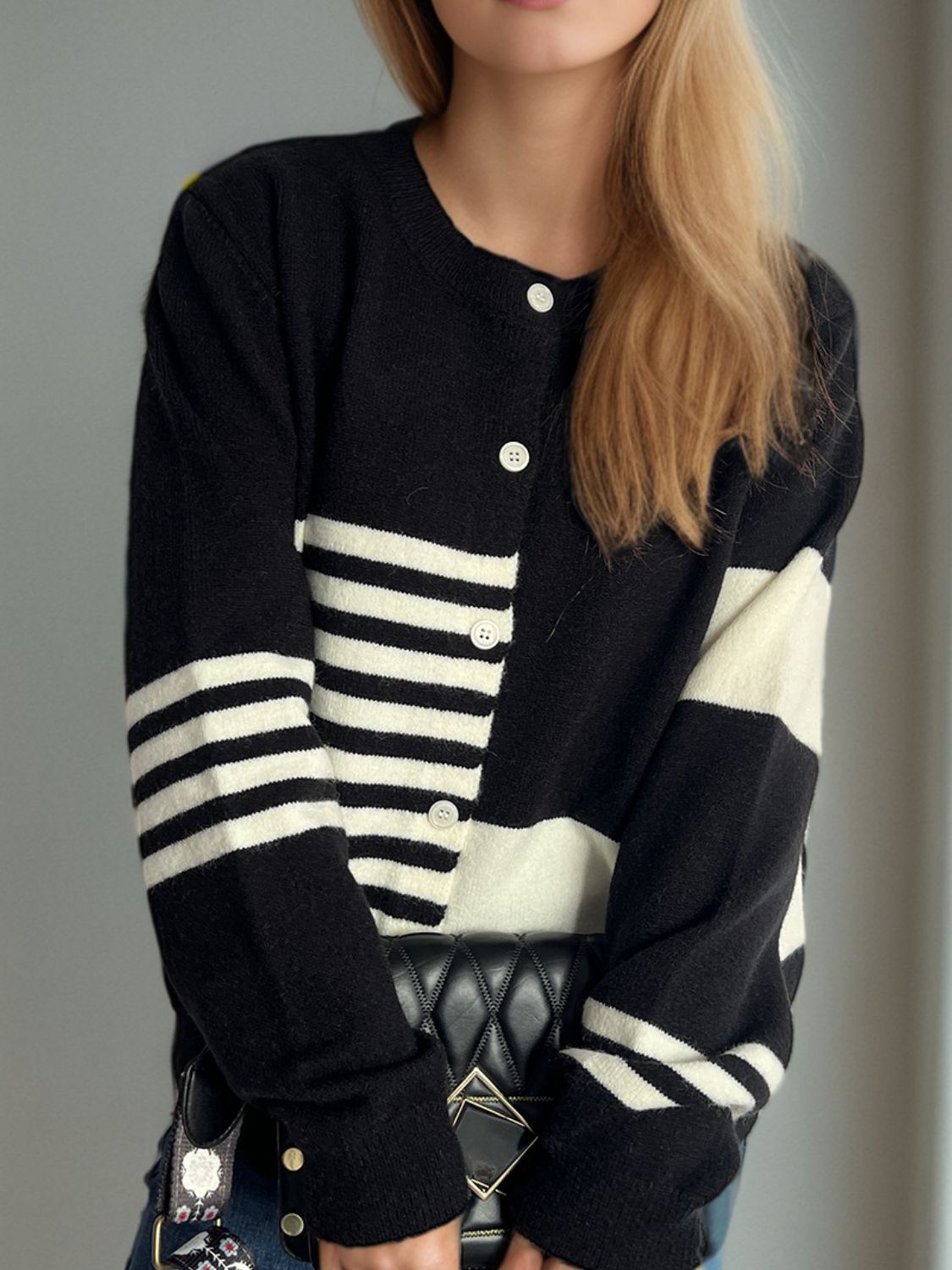 Striped Color Block Round Neck Cardigan