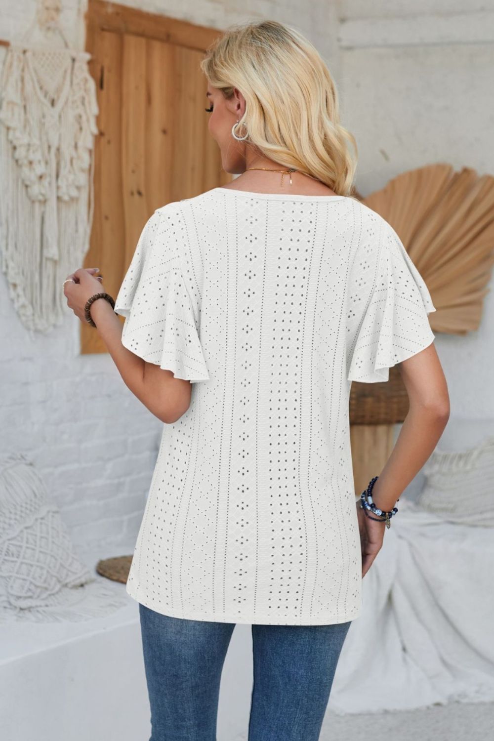 Eyelet Applique V-Neck Cap Sleeve T-Shirt