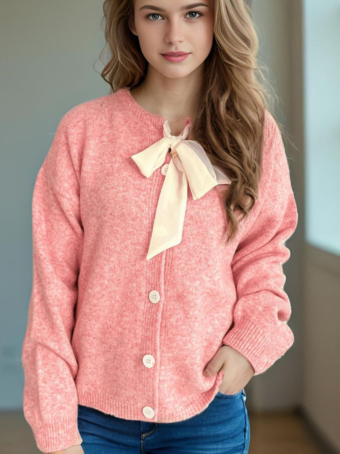 Tied Button Down Long Sleeve Cardigan