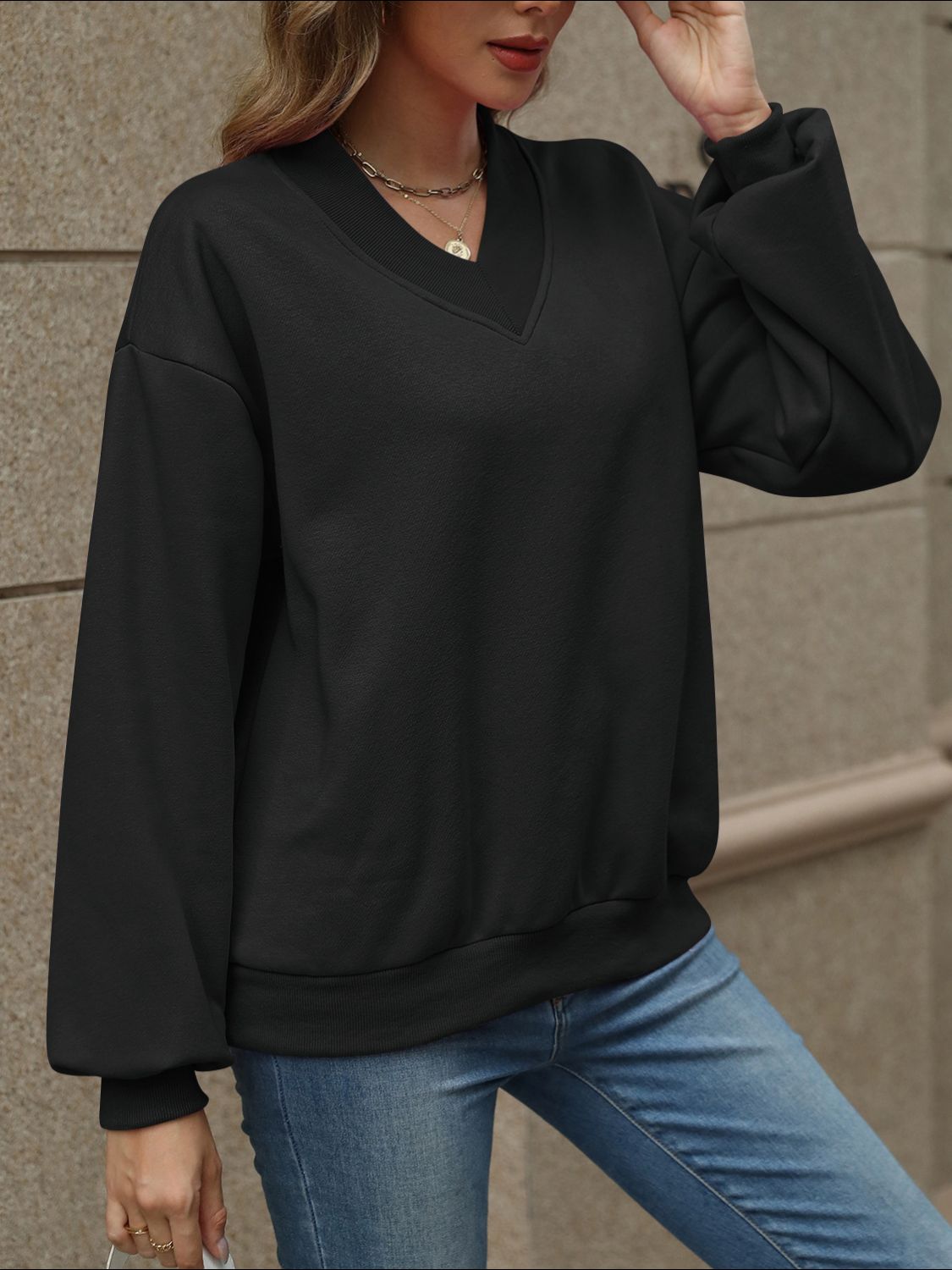 V-Neck Long Sleeve Dropped Shoulder Sweatshirt