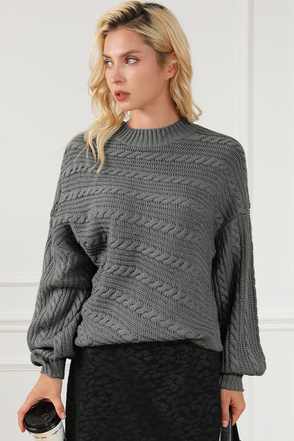 Cable-Knit Mock Neck Dropped Shoulder Sweater