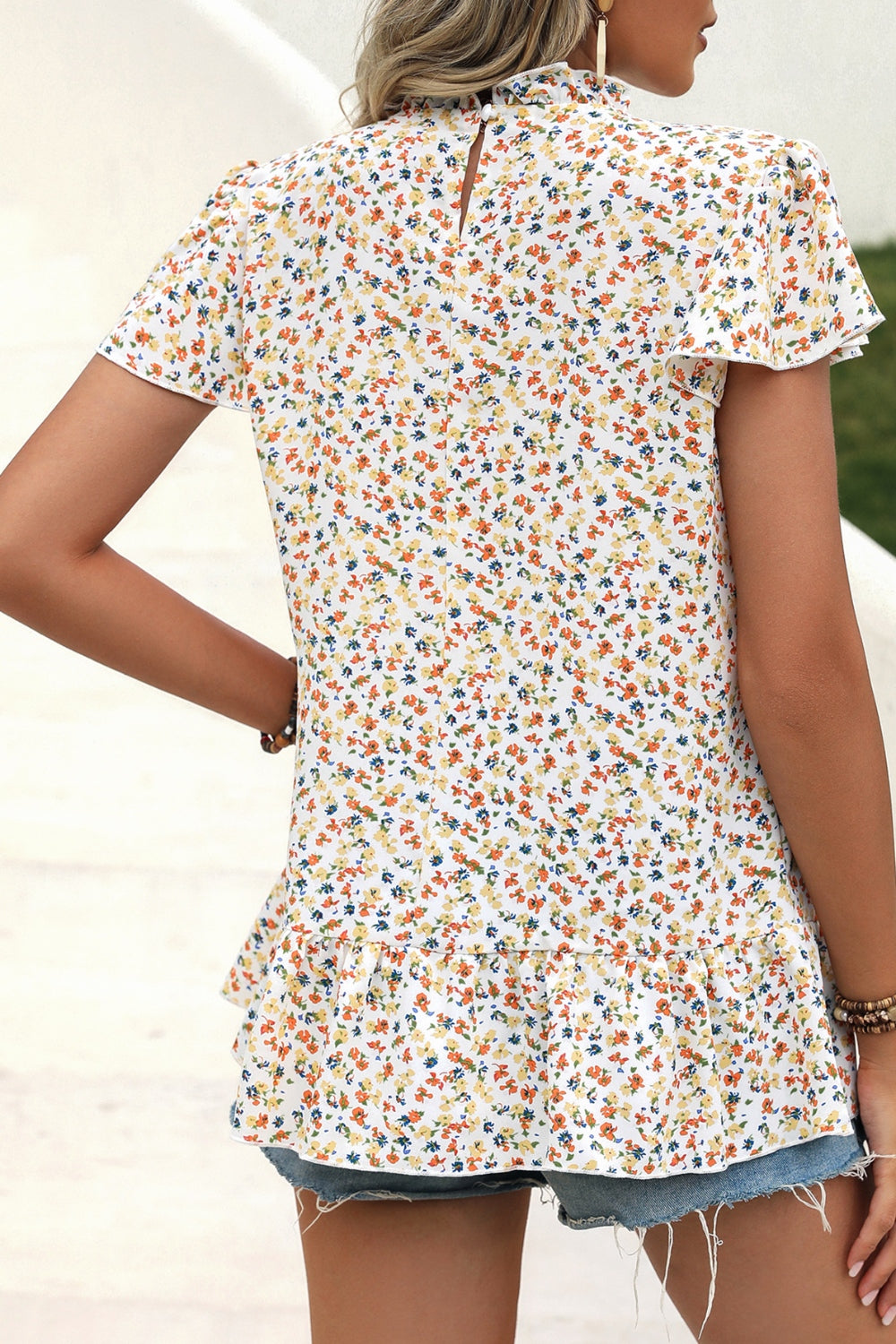 Ditsy Floral Mock Neck Short Sleeve T-Shirt