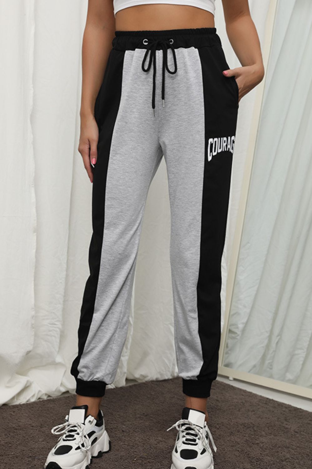 Perfee COURAGE Graphic Color Block Drawstring Joggers